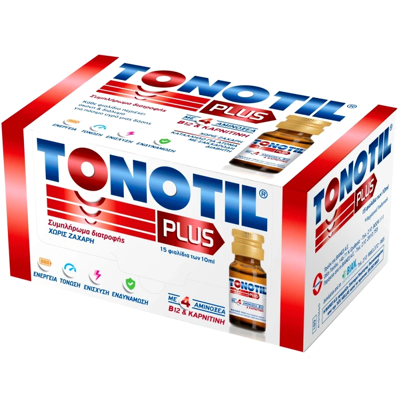 Tonotil Tonotil Plus Συμπλήρωμα Διατροφής με 4 Αμινοξέα Βιταμίνη B12 & Καρνιτίνη για Τόνωση & Ενέργεια, Συγκέντρωση & Ενδυνάμωση του Ανοσοποιητικού 15 Φιαλίδια των 10ml