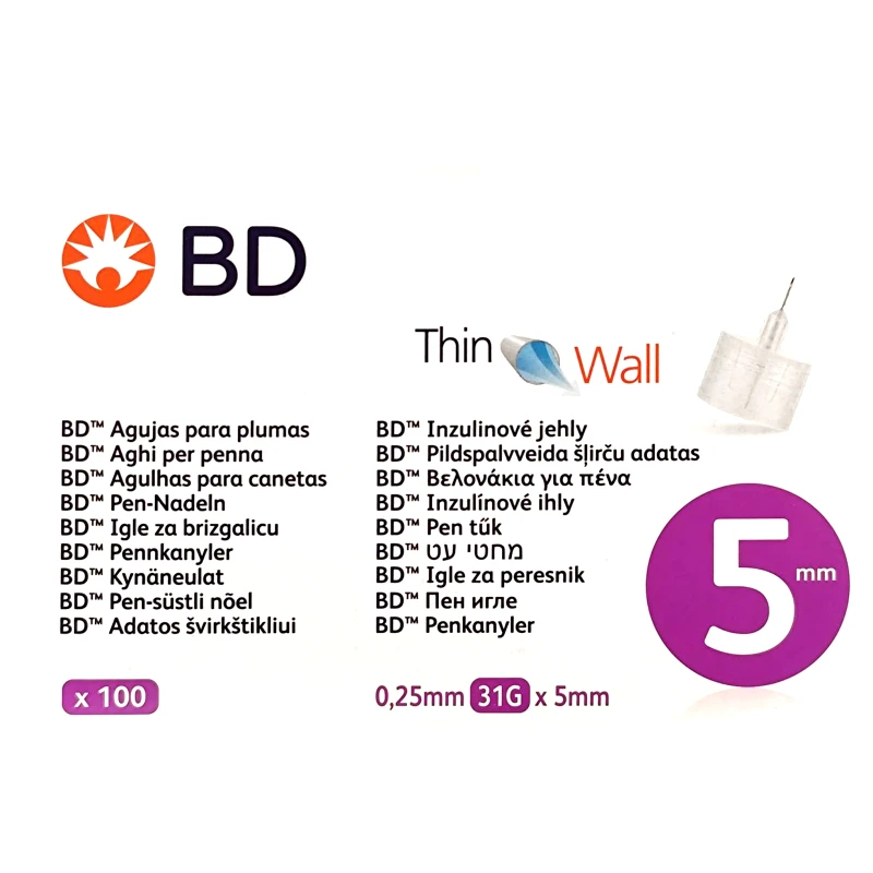 BD BD Thin Wall Pen Needles 0,25mm 31g x 5mm Βελονάκια για Πένα Ινσουλίνης 100 Τεμάχια