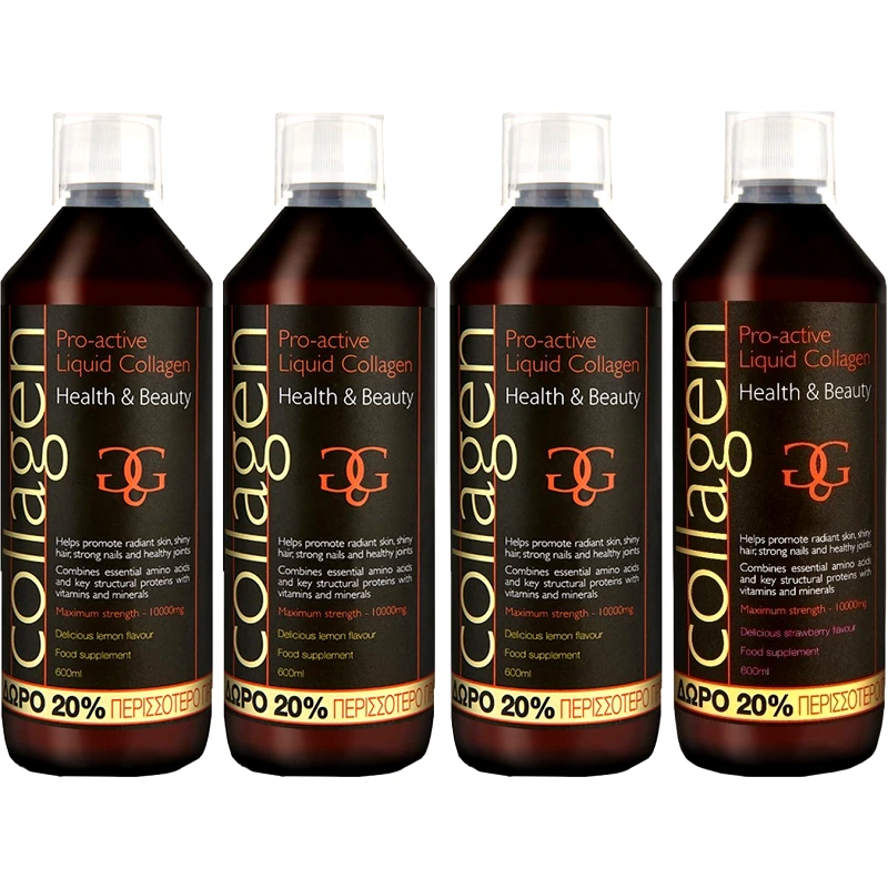 Total Health Solutions Σετ Collagen ProActive Πόσιμο Κολλαγόνο Συμπλήρωμα Διατροφής με Κολλαγόνο για το Δέρμα, Μαλλιά & Νύχια 2400ml (4x600ml) - 3 Λεμόνι + 1 Φράουλα