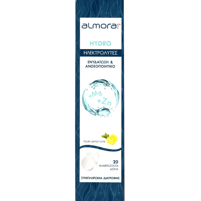 Almora Plus Almora Plus Hydro Συμπλήρωμα Διατροφής Ηλεκτρολυτών με Μαγνήσιο & Ψευδάργυρο για Ενυδάτωση του Οργανισμού & Ενίσχυση του Ανοσοποιητικού με Δεξτρόζη & Γεύση Λεμόνι 20 Effer.tabs