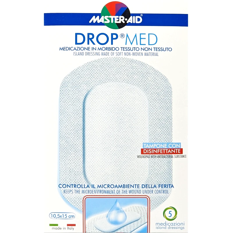 Master Aid Master Aid Drop Med Woundpad with Antibacterial Substance 10.5x15cm Αυτοκόλλητες, Αντικολλητικές Γάζες Εμποτισμένες με Απολυμαντικό 5 Τεμάχια