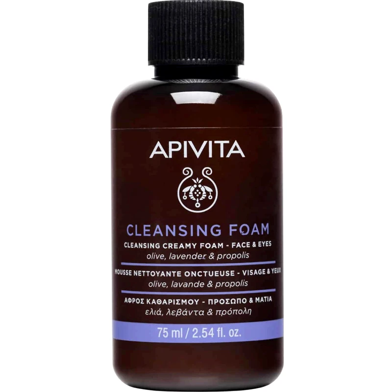 Apivita Apivita Cleansing Creamy Foam for Face & Eyes Travel Size Κρεμώδης Αφρός Καθαρισμού για Πρόσωπο & Μάτια με Ελιά, Λεβάντα & Πρόπολη 75ml
