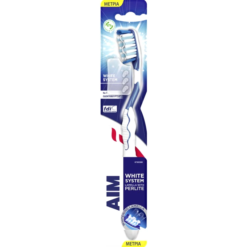 AIM Aim White System Perlite Medium Toothbrush Οδοντόβουρτσα με Μέτριες Ίνες & Ελαστική Μεμβράνη που Περιέχει Περλίτη για πιο Λευκά Δόντια με Προστατευτικό Κάλυμμα 1 Τεμάχιο - Γαλάζιο