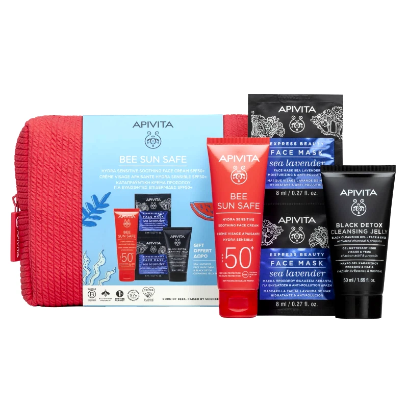 Apivita Apivita Promo Bee Sun Safe Hydra Sensitive Soothing Face Cream Spf50+, 50ml & Δώρο Black Detox Cleansing Jelly 50ml & Express Face Mask Sea Levander 16ml (2x8ml) & Δώρο Κοραλί Νεσεσέρ 1 Τεμάχιο
