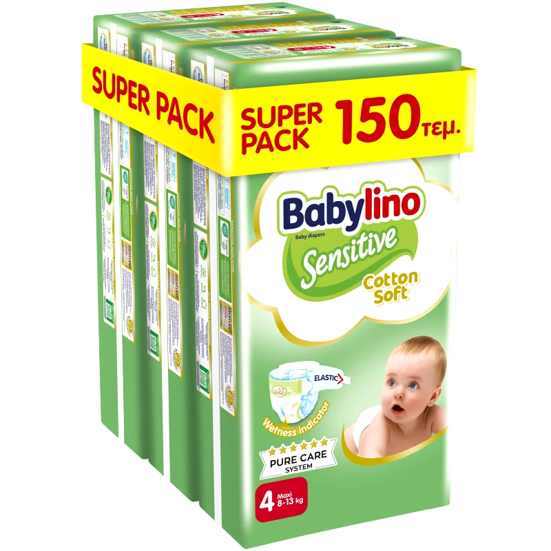 Babylino Babylino Sensitive Cotton Soft Super Pack Maxi Νο4 (8-13kg) 150 Τεμάχια (3x50 Τεμάχια)