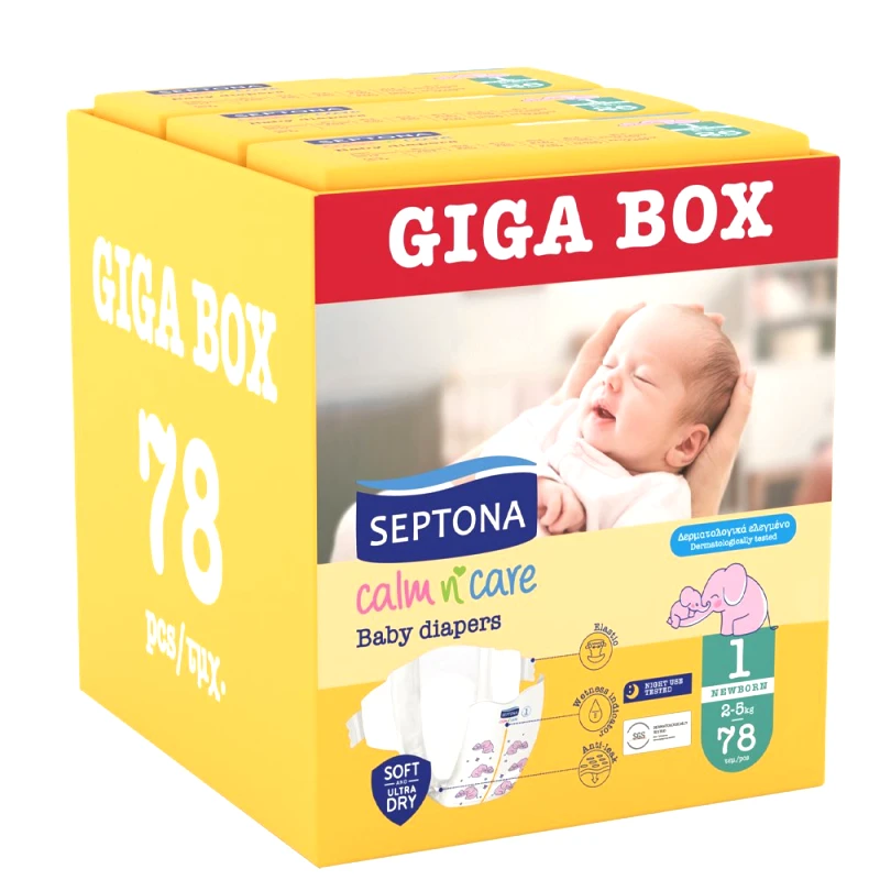 Septona Septona Calm n' Care Baby Diapers Giga Box Newborn No1 (2-5kg) 78 Τεμάχια (3x26 Τεμάχια)