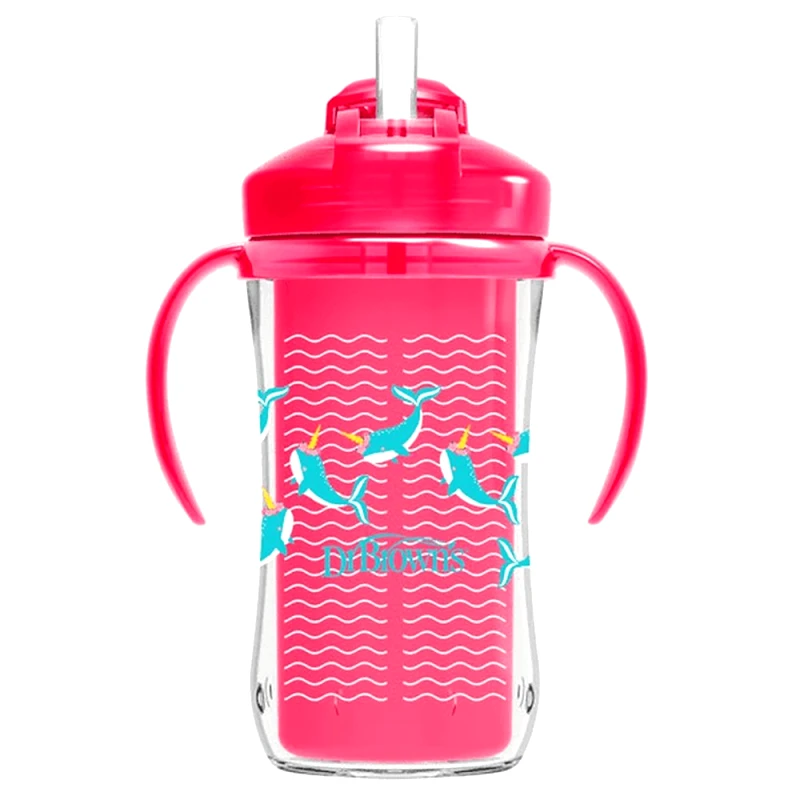 Dr.Brown Dr Brown's Insulated Straw Cup Κύπελλο Θερμός με Μαλακό Καλαμάκι & Λαβές 12m+, 300ml, Κωδ TC01201 - Ροζ