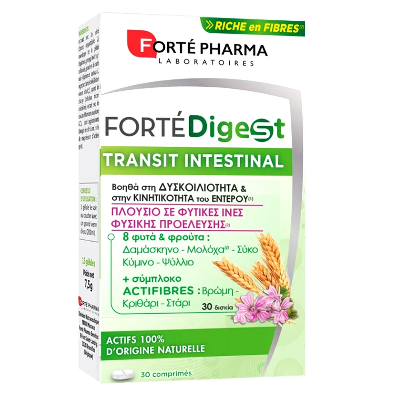 FORTE PHARMA Forte Pharma ForteDigest Transit Intestinal Συμπλήρωμα Διατροφής με 8 Φυτά & Φρούτα για τη Βελτίωση της Κινητικότητας του Εντέρου 30tabs