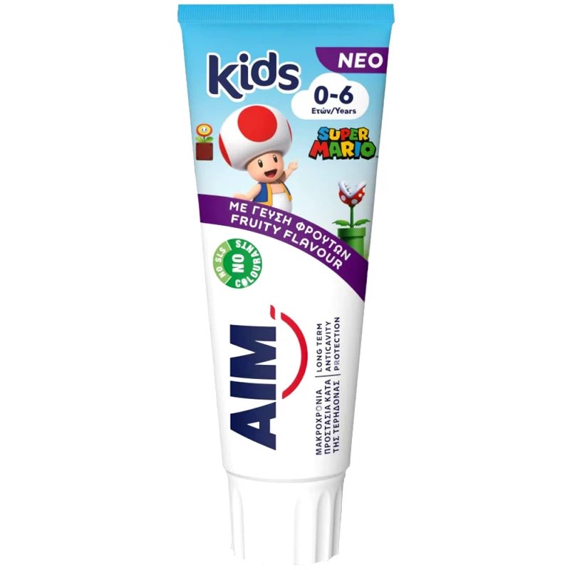 AIM Aim Kids 0-6 Years Super Mario Toothpaste Παιδική Οδοντόκρεμα με Ήπια Γεύση Φρούτων για Μακροχρόνια Προστασία Κατά της Τερηδόνας 75ml