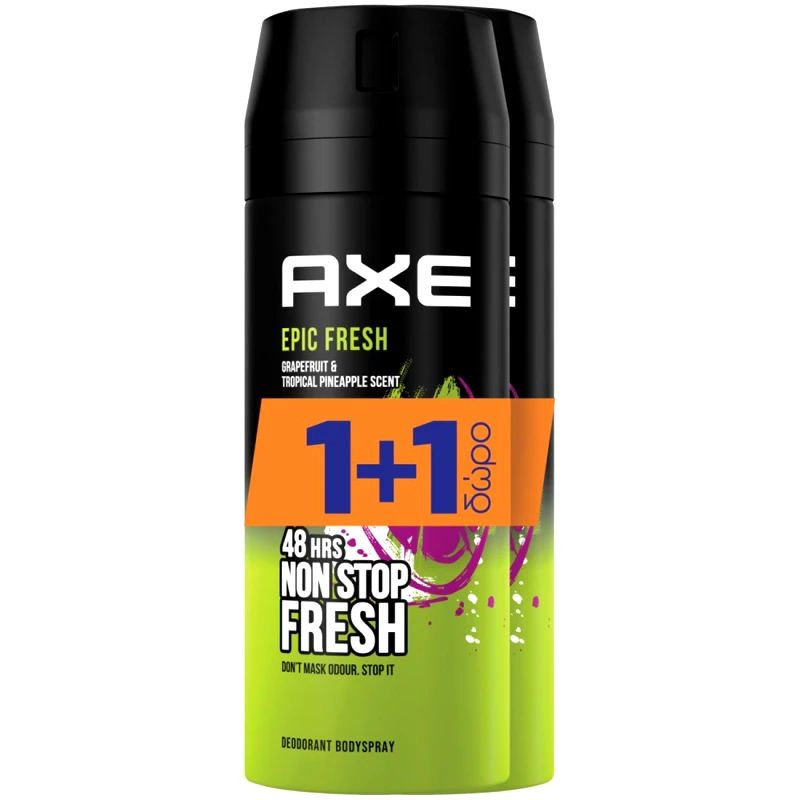 Axe Axe Πακέτο Προσφοράς Epic Fresh 48h Non Stop Protection Deodorant Spray Ανδρικό Αποσμητικό Spay 48ωρης Προστασίας με Άρωμα Grapefruit & Τροπικό Ανανά 2x150ml