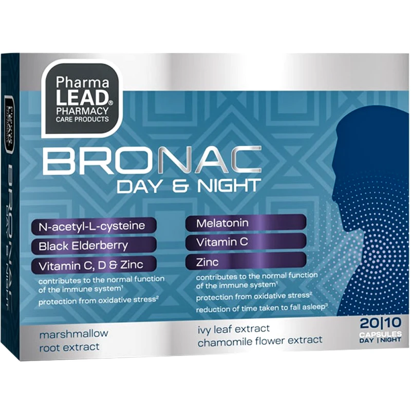 PharmaLead Pharmalead Bronac Day & Night Συμπλήρωμα Διατροφής Βιταμινών, Μετάλλων, Μελατονίνης & Εκχυλίσματος Βοτάνων για τη Φυσιολογική Λειτουργία του Ανοσοποιητικού Συστήματος & Καλύτερο Ύπνο με Αντιοξειδωτικές Ιδιότητες 20/10caps