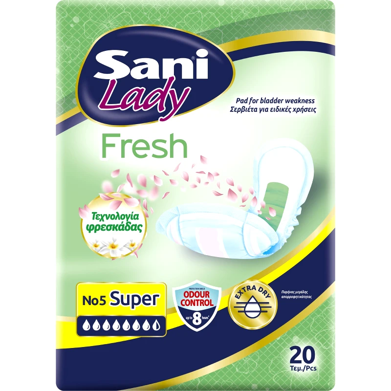 Sani Sani Lady Fresh No5 Super 20 Τεμάχια Γυναικείες Σερβιέτες Νυκτός για Ελαφράς Μορφή Ακράτειας
