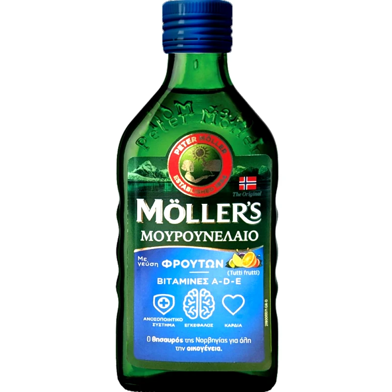 Moller's Moller's Cod Liver Oil Tutti Frutti Συμπλήρωμα Διατροφής Πόσιμου Μουρουνέλαιου Πλούσιο σε Ω3 με Βιταμίνες A, D & E με Γεύση Διάφορων Φρούτων 250ml