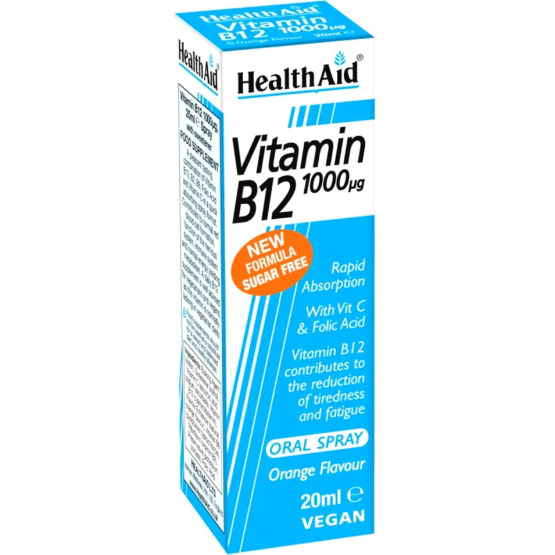 Health Aid Health Aid Vitamin B12 1000μg Spray Συμπλήρωμα Διατροφής Βιταμίνης B12 για τη Φυσιολογική Λειτουργία του Νευρικού Συστήματος & Σωστή Αιμοποίηση με Γεύση Πορτοκάλι σε Μορφή Spray 20ml