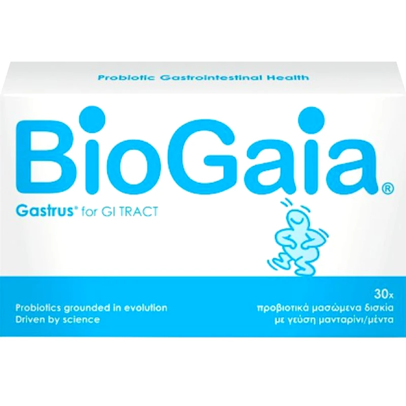 BioGaia BioGaia Gastrus for Gi Tract Συμπλήρωμα Διατροφής Προβιοτικών για την Αντιμετώπιση των Γαστρεντερικών Διαταραχών Λόγω του Ελικοβακτηρίδιο του Πυλωρού με Γεύση Μέντα & Μανταρίνι 30 Chewtabs - Mint/Tangerine