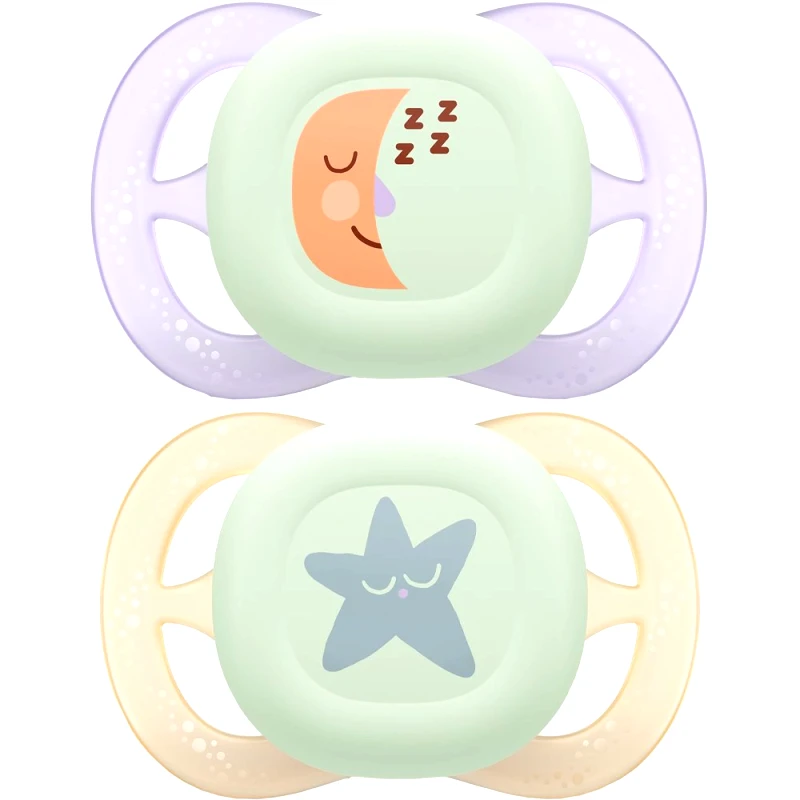 Philips Avent Philips Avent Ultra Start Nighttime Silicone Orthodontic Soother 0-2m, Ορθοδοντική Πιπίλα Σιλικόνης που Φωσφορίζει στο Σκοτάδι Κατάλληλη για Νεογέννητα Μωρά με Θήκη Μεταφοράς 2 Τεμάχια - Μωβ / Κίτρινο