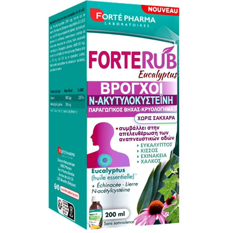 FORTE PHARMA Forte Pharma Forte Rub Eucalyptus Syrup Συμπλήρωμα Διατροφής με Ακετυλοκυστεΐνη & Αιθέρια Έλαια Βοτάνων για Καθαρισμό των Αναπνευστικών Οδών, Αντιμετώπιση του Κρυολογήματος & του Παραγωγικού Βήχα σε Σιρόπι 200ml