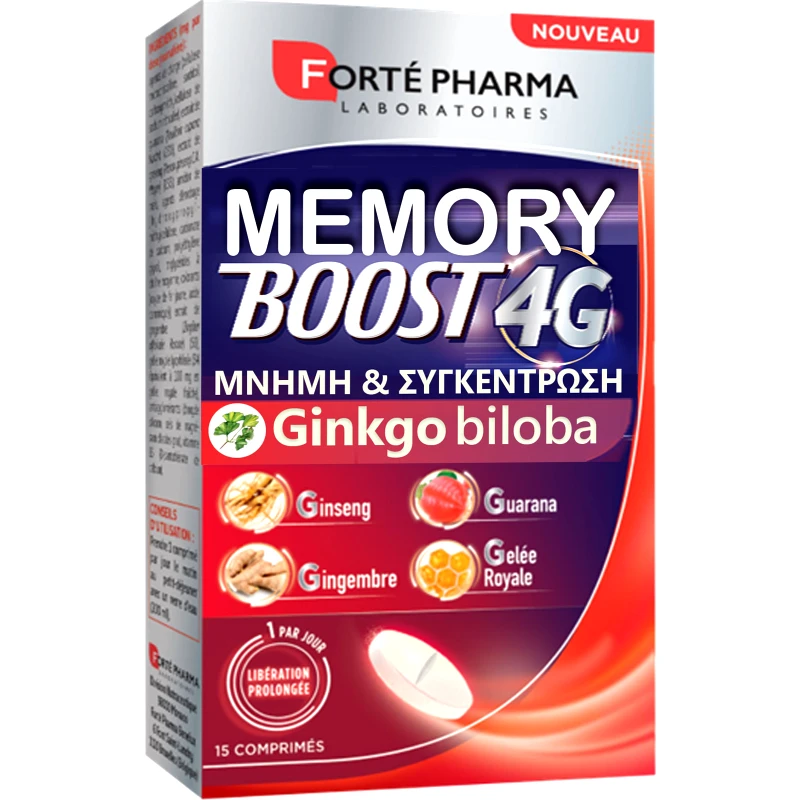 FORTE PHARMA Forte Pharma Memory Boost 4G Συμπλήρωμα Διατροφής Βιταμίνης Β6, Μαγνησίου, Αμινοξέων, Εκχυλίσματος Βοτάνων & Βασιλικού Πολτού για Βέλτιστη Γνωστική Απόδοση, Ενέργεια & Διατήρηση της Προσοχής 15tabs
