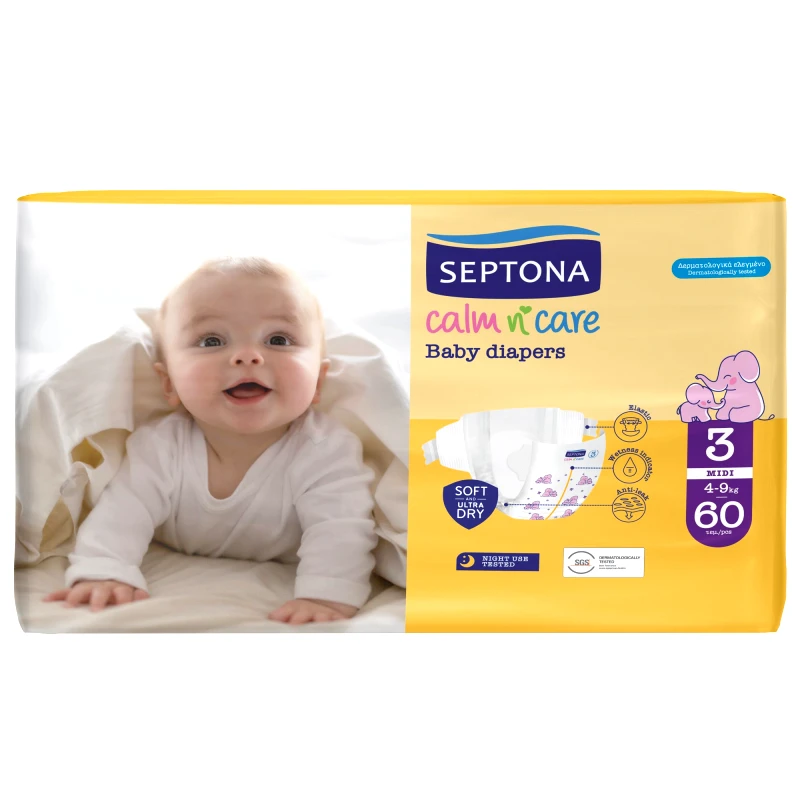 Septona Septona Calm n' Care Baby Diapers Midi No3 (4-9kg) 60 Τεμάχια