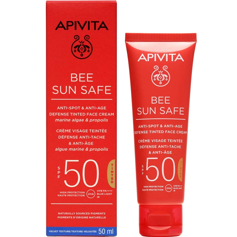 Apivita Apivita Bee Sun Safe Anti-Spot & Anti-Age Defence Face Cream Spf50 Tinted Αντηλιακή Κρέμα Προσώπου Κατά των Πανάδων & των Ρυτίδων, Υψηλής Προστασίας με Χρώμα 50ml
