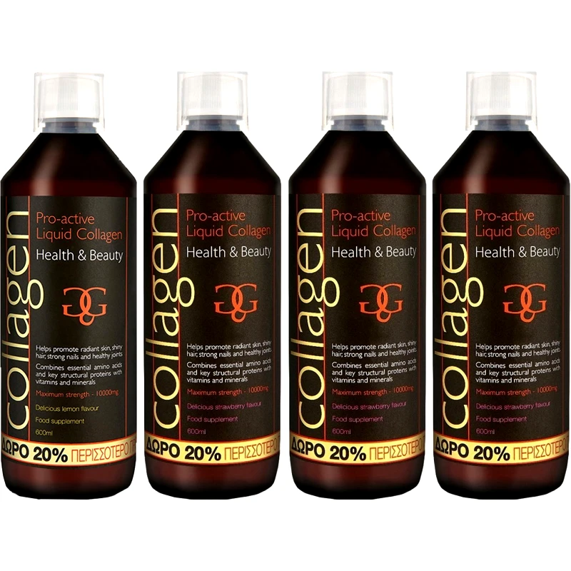 Total Health Solutions Σετ Collagen ProActive Πόσιμο Κολλαγόνο Συμπλήρωμα Διατροφής με Κολλαγόνο για το Δέρμα, Μαλλιά & Νύχια 2400ml (4x600ml) - 1 Λεμόνι + 3 Φράουλα