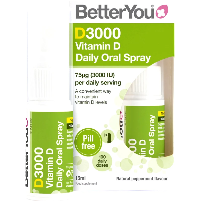 BetterYou BetterYou D3000 Vitamin D Daily Oral Spray Συμπλήρωμα Διατροφής Βιταμίνης D3 σε Μορφή Spray για την Καλή Υγεία των Οστών, Δοντιών & Ανοσοποιητικού με Γεύση Μέντα 15ml