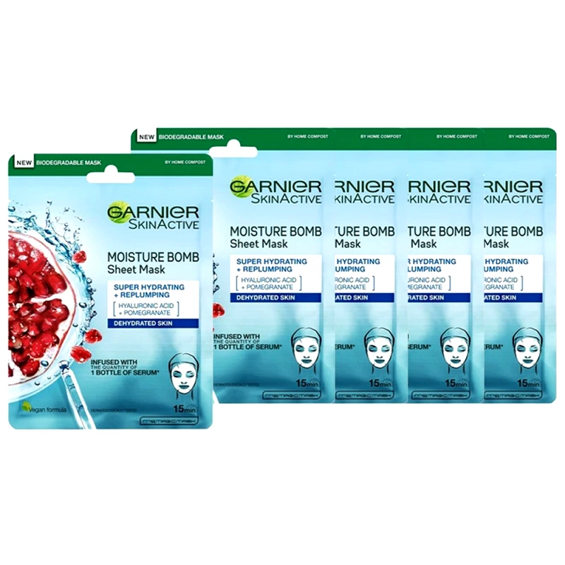 Garnier Garnier Promo Skinactive Moisture Bomb Sheet Mask Υφασμάτινη Μάσκα Ενυδάτωσης Προσώπου με Ρόδι & Υαλουρονικό Οξύ 5x32g