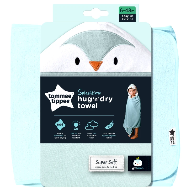 Tommee Tippee Tommee Tippee Splashtime Hug n Dry Towel Κωδ CBA1017 Πετσέτα Μπάνιου με Σχέδιο & Κουκούλα, που Στεγνώνει Γρήγορα 6-48m 1 Τεμάχιο - Percy the Penguin