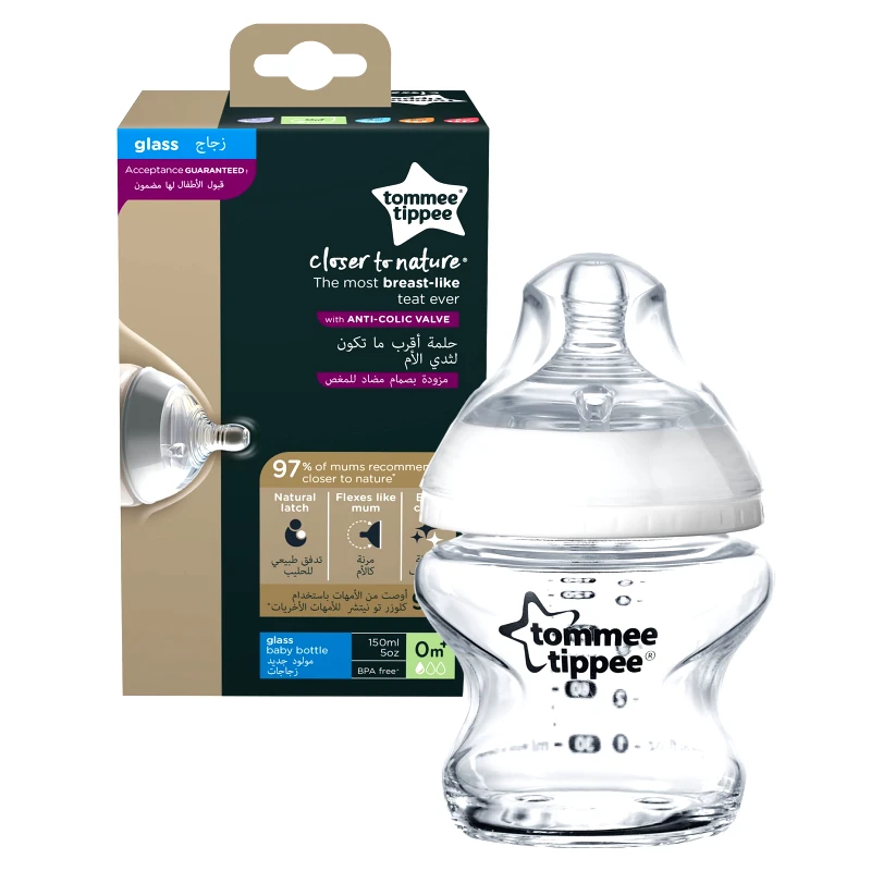 Tommee Tippee Tommee Tippee Closer to Nature Glass Baby Bottle 0m+ Κωδ 42243785 Γυάλινο Μπιμπερό Μικρής Ροής με Θηλή Σιλικόνης Κατά των Κολικών 150ml