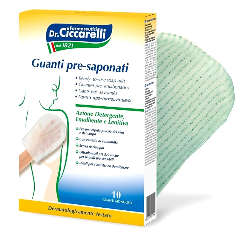 Dottor Ciccarelli Dr Ciccarelli Ready-to-Use Soap Mitt Γάντια Προ-Σαπουνισμένα Μιας Χρήσης για Καθαρισμό Προσώπου & Σώματος, Χωρίς Ξέβγαλμα 10 Τεμάχια