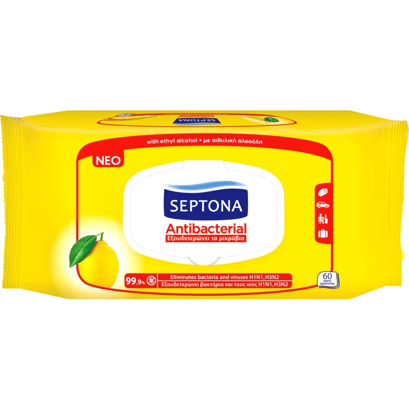 Septona Septona Antibacterial Refresh Antiseptic Αντιβακτηριδιακά Μαντηλάκια Χεριών με Λεμόνι 60 Wipes