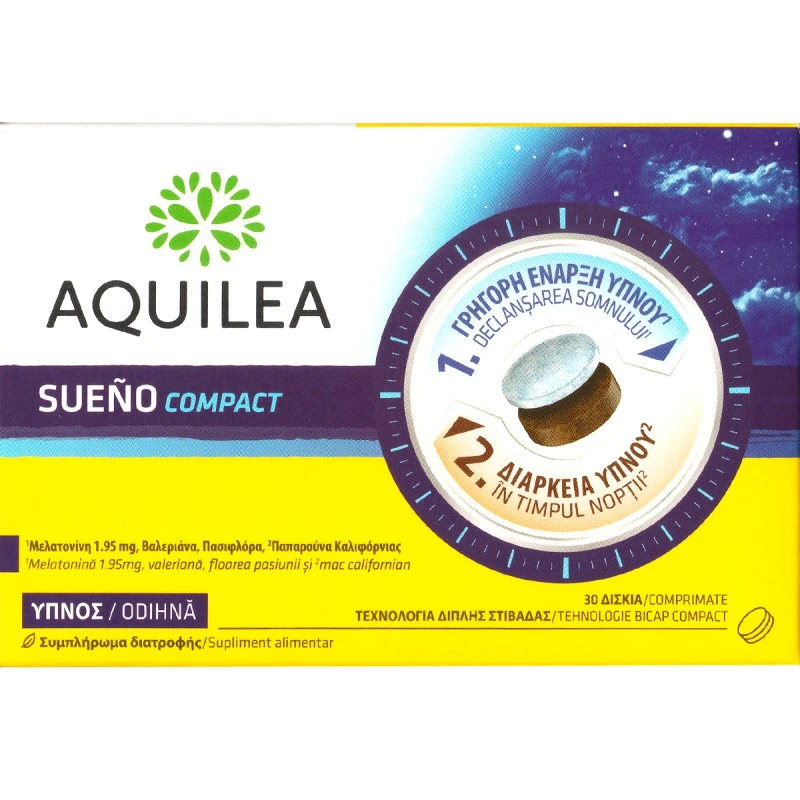 Uriach Aquilea Sueno Compact Συμπλήρωμα Διατροφής με Μελατονίνη & Εκχυλίσματα Βαλεριάνας, Πασιφλόρας & Παπαρούνας της Καλιφόρνιας, για Γρηγορότερο & Ποιοτικότερο Ύπνο 30tabs