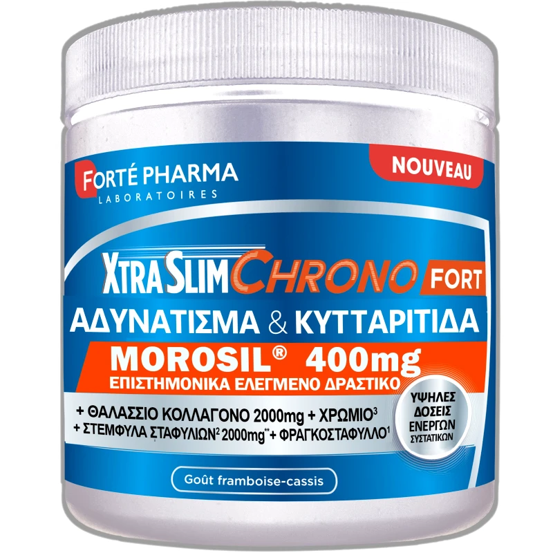 FORTE PHARMA Forte Pharma XtraSlim Chrono Fort Morosol 400mg Συμπλήρωμα Διατροφής Εκχυλίσματος Βοτάνων, Κολλαγόνου & Μετάλλων για Απώλεια Βάρους & Μείωση της Κυτταρίτιδας με Γεύση Βατόμουρο & Μαύρο Φραγκοστάφυλο 205g