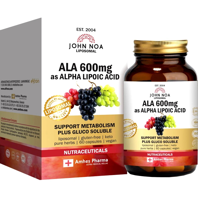 John Noa John Noa Liposomal ALA 600mg Συμπλήρωμα Διατροφής Άλφα Λιποϊκού Οξέος Λιποσωμικής Μορφής & Εκχυλίσματος Σπόρων Σταφυλιού για Ενίσχυση του Μεταβολισμού με Ισχυρές Αντιοξειδωτικές Ιδιότητες 60caps