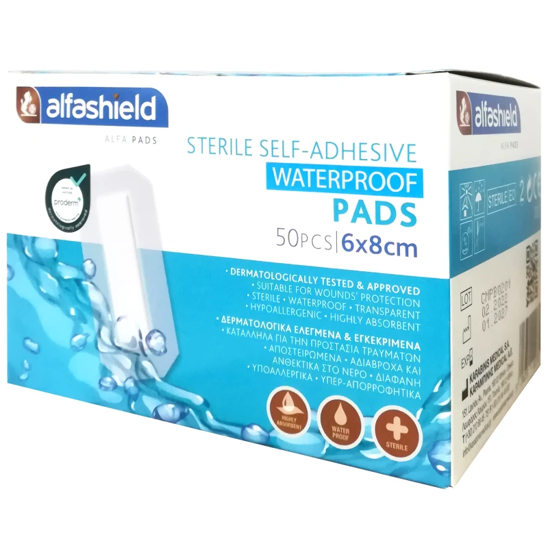 Karabinis Medical AlfaShield Sterile Self-Adhesive Waterproof Pads Αδιάβροχα Αποστειρωμένα Αυτοκόλλητα Επιθέματα Ανθεκτικά στο Νερό 50 Τεμάχια - 6x8cm