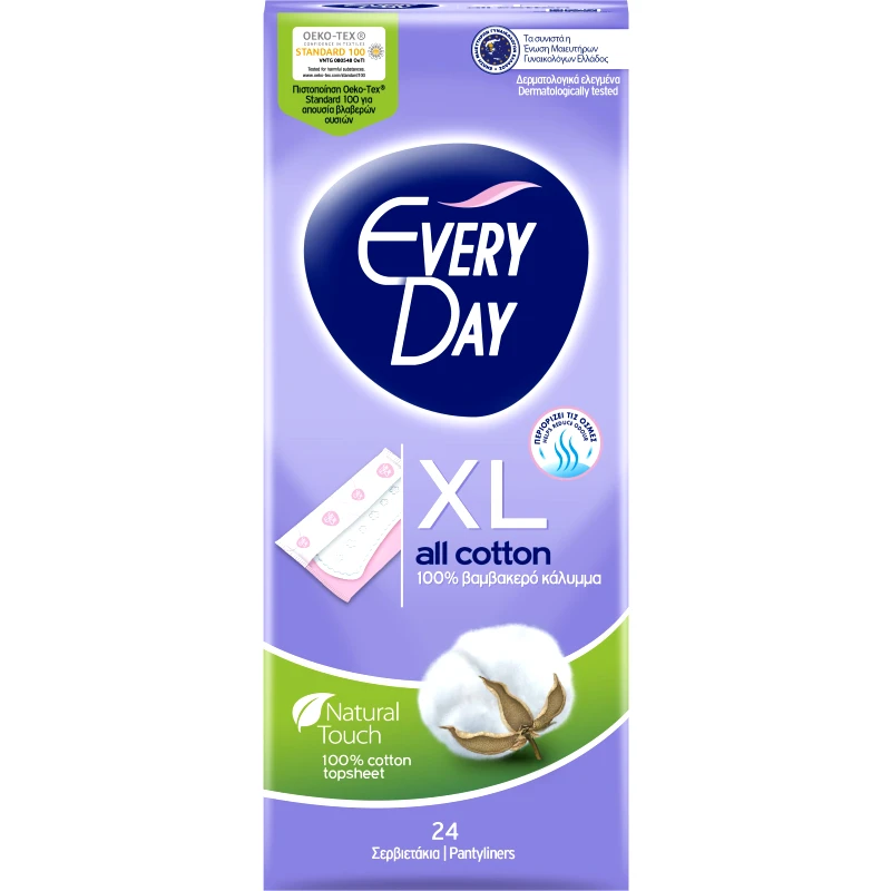 Every Day Every Day All Cotton Extra Long XL Ανατομικά Σερβιετάκια με Βαμβακερό Κάλυμμα 24 Τεμάχια