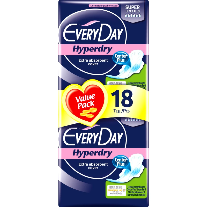 Every Day Every Day Hyperdry Super Ultra Plus Value Pack Πολύ Λεπτές Σερβιέτες Έξτρα Απορροφητικές,Ιδανικές για Πολύ Μεγάλη Ροή 18 Τεμάχια