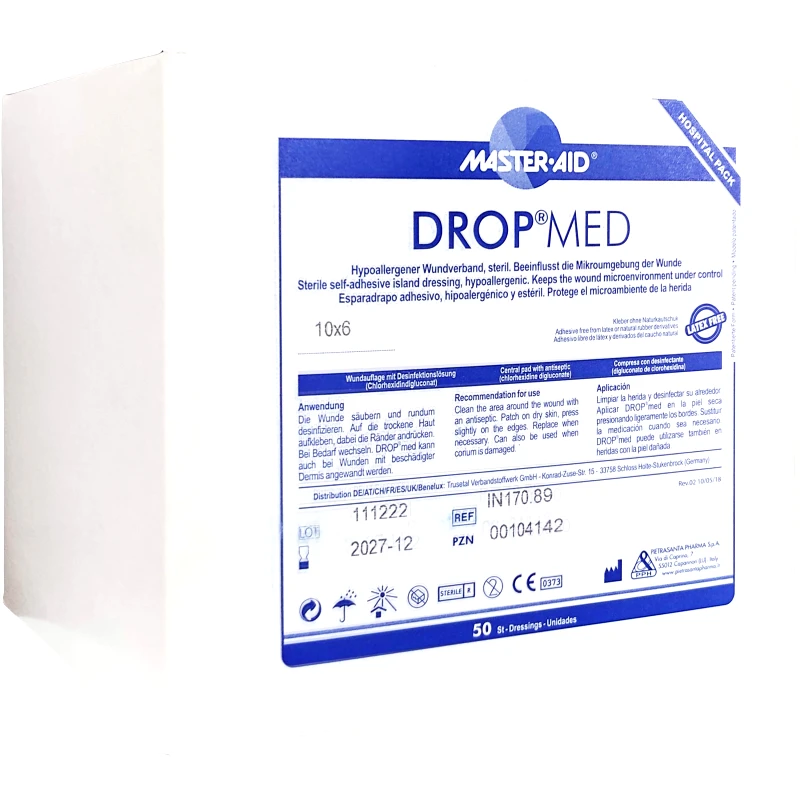 Master Aid Master Aid Drop Med 10cm x 6cm Αυτοκόλλητες Γάζες με Ειδική Αντικολλητική Επιφάνεια 50 Τεμάχια