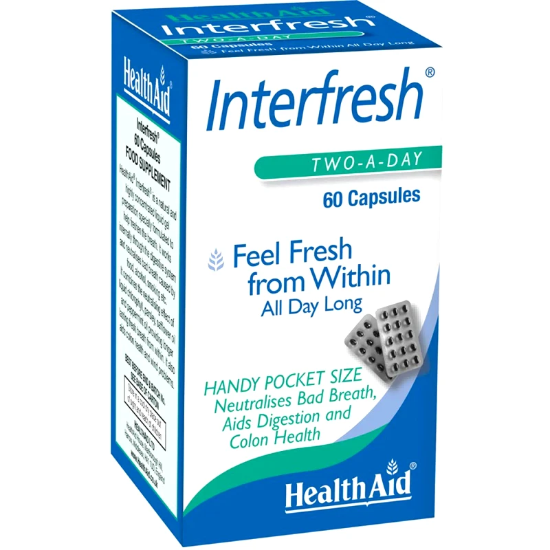 Health Aid Health Aid Interfresh Συμπλήρωμα Διατροφής με Έλαιο Μέντας, Μαϊντανού, Κάρθαμου & Χλωροφύλλη για Δροσερή Αναπνοή, Ελαχιστοποίηση του Φουσκώματος & της Δυσάρεστης Οσμής 60caps
