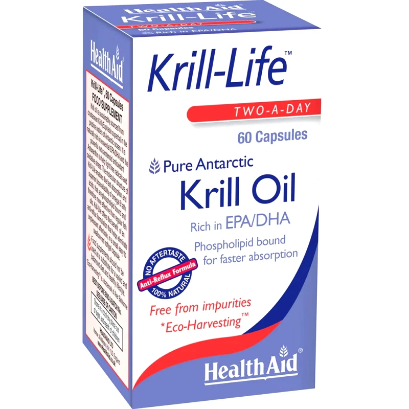 Health Aid Health Aid Krill-Life Συμπλήρωμα Διατροφής με Έλαιο Krill Πλούσιο σε Ωμέγα 3 Λιπαρά Οξέα για την Καλή Υγεία του Εγκεφάλου της Όρασης & της Καρδιάς 60caps