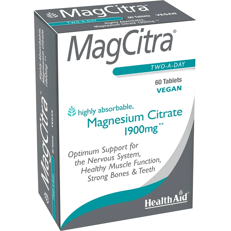 Health Aid Health Aid MagCitra 1900mg Συμπλήρωμα Διατροφής Μαγνησίου Κιτρικής Μορφής Μέγιστης Απορροφησιμότητας για την Καλή Υγεία των Οστών, Μυών & Νευρικού Συστήματος 60tabs