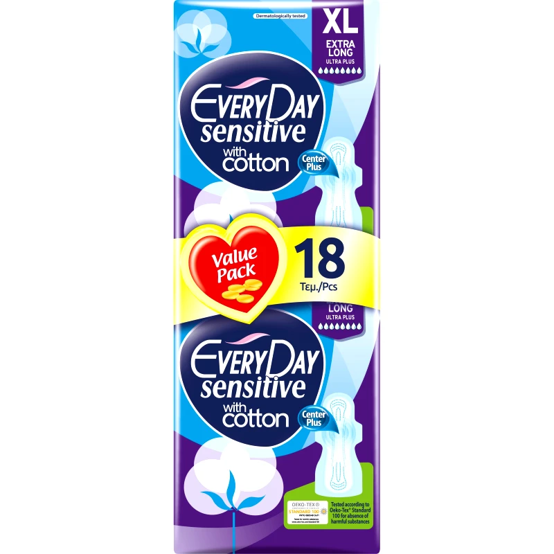 Every Day Every Day Sensitive Extra Long XL Value Pack Πολύ Λεπτές Σερβιέτες με Βαμβακερό Κάλυμμα, Ιδανικές για Μεγάλη Ροή 18 Τεμάχια