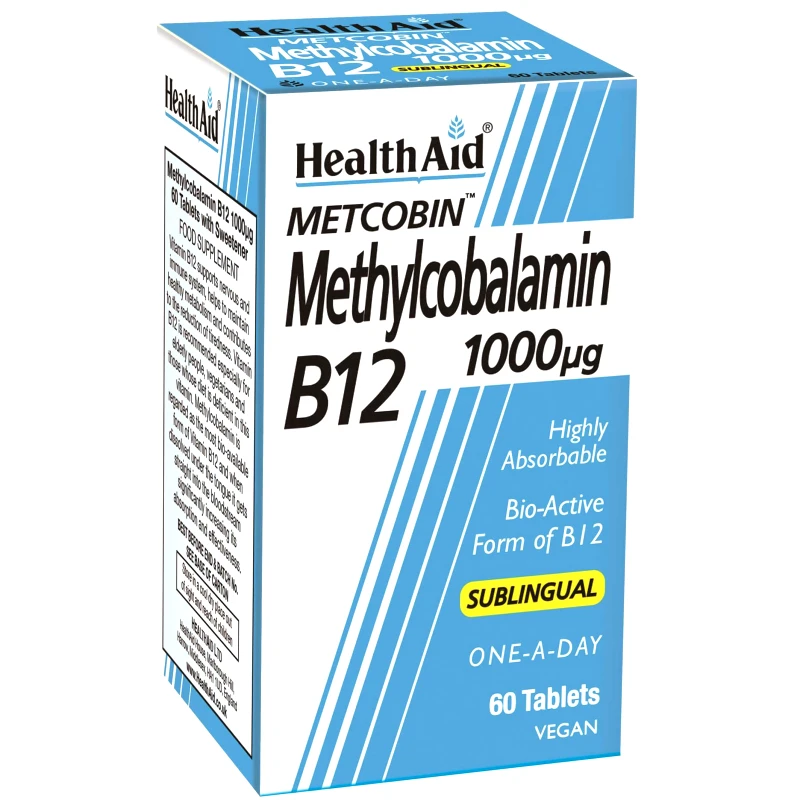 Health Aid Health Aid Metcobin Methylcobalamin B12 1000μg Συμπλήρωμα Διατροφής Βιταμίνης Β12 για Ενέργεια & Καλή Λειτουργία του Νευρικού & Κυκλοφορικού Συστήματος σε Υπογλώσσια Δισκία με Γεύση Φραγκοστάφυλο 60tabs