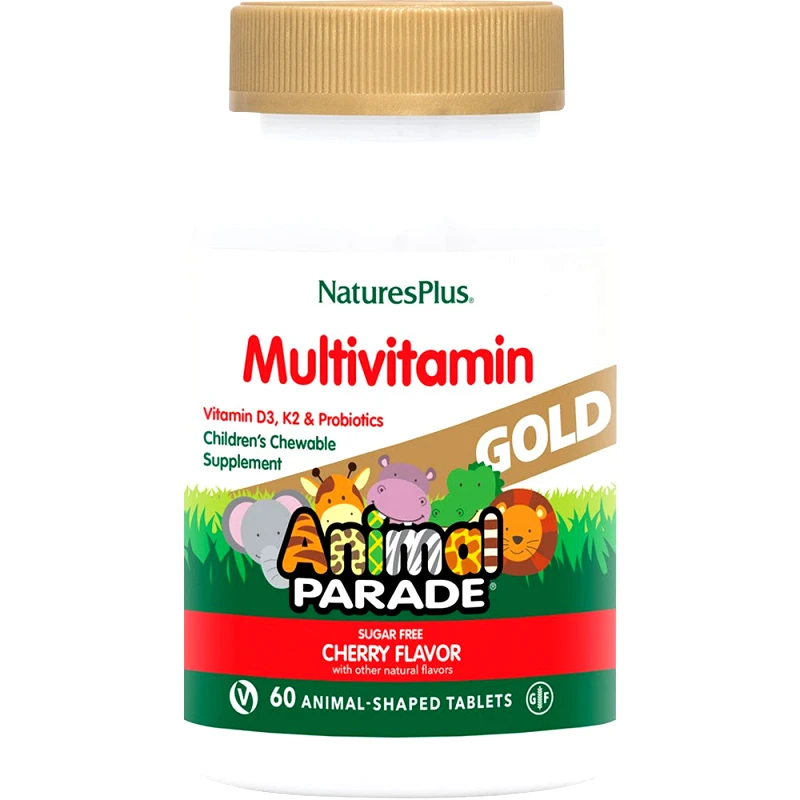 Natures Plus Natures Plus Animal Parade Gold Multivitamin Cherry Συμπλήρωμα Διατροφής Πολυβιταμινών, Μετάλλων & Εκχυλισμάτων Φυτών για Ενίσχυση Ανοσοποιητικού Ενέργεια & Σωστή Ανάπτυξη των Παιδιών με Γεύση Κεράσι 60 Chew.tabs