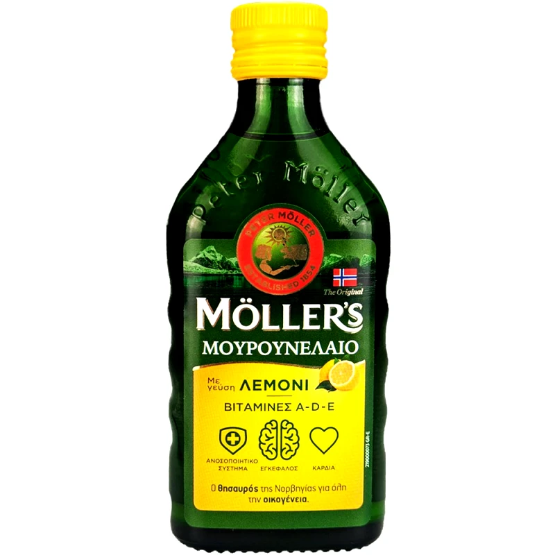 Moller's Moller's Cod Liver Oil Lemon Συμπλήρωμα Διατροφής Πόσιμου Μουρουνέλαιου Πλούσιο σε Ω3 με Βιταμίνες A, D & E με Γεύση Λεμόνι 250ml