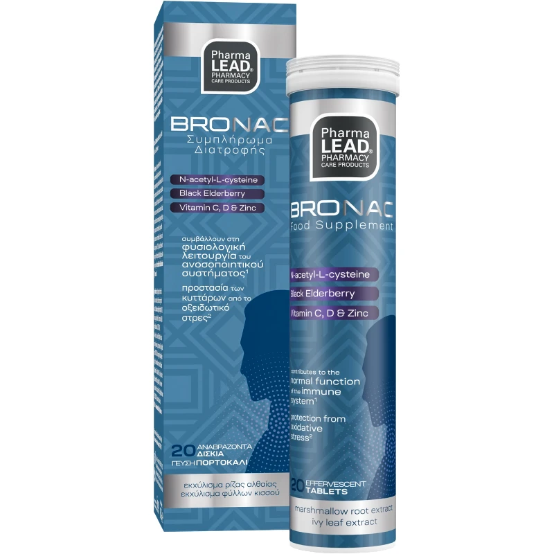 PharmaLead Pharmalead Bronac Συμπλήρωμα Διατροφής Βιταμινών, Μετάλλων, Αμινοξέων & Εκχυλίσματος Βοτάνων για τη Φυσιολογική Λειτουργία του Ανοσοποιητικού Συστήματος με Αντιοξειδωτικές Ιδιότητες με Γεύση Πορτοκάλι 20 Effer.tabs