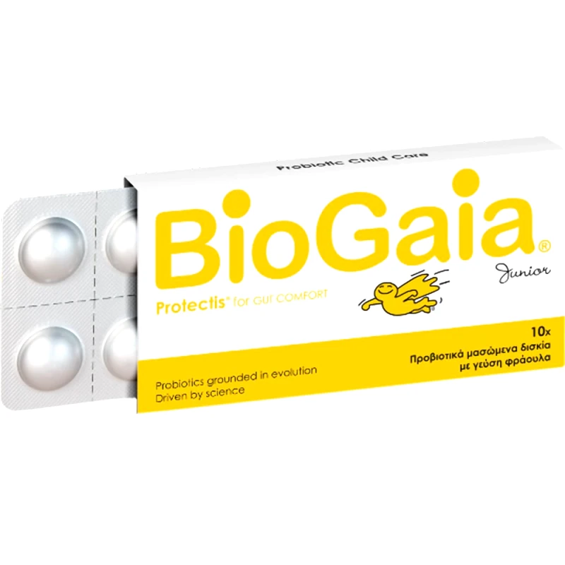 BioGaia BioGaia Protectis for Gut Comfort Junior Συμπλήρωμα Διατροφής Προβιοτικών για Παιδιά για την Αντιμετώπιση Διάρροιας, Δυσκοιλιότητας & Κοιλιακού Άλγους Κατάλληλο για Παράλληλη Χρήση με Αντιβιοτικά με Γεύση Φράουλα 10 Chew.tabs - Strawberry