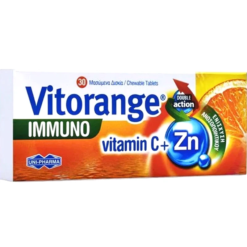 Uni-Pharma Uni-Pharma Vitorange Immuno Vitamin C + Zinc Συμπλήρωμα Διατροφής με Βιταμίνη C & Ψευδάργυρο για Ενίσχυση του Ανοσοποιητικού & Αντιμετώπιση Εποχικών Λοιμώξεων με Γεύση Πορτοκάλι 30 Chew.tabs