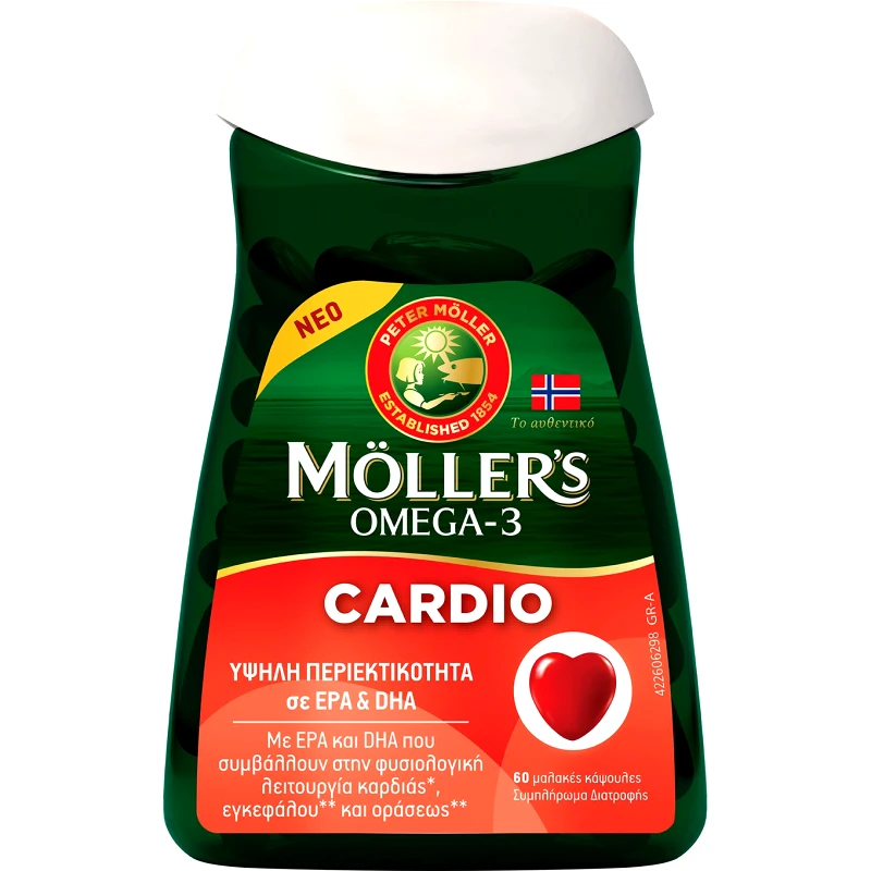 Moller's Moller’s Omega-3 Cardio Συμπλήρωμα Διατροφής Συμπυκνωμένου Ιχθυελαίου Πλούσιο σε Ωμέγα 3 Λιπαρά Οξέα για τη Φυσιολογική Λειτουργία της Καρδίας, Εγκεφάλου & Όρασης 60caps