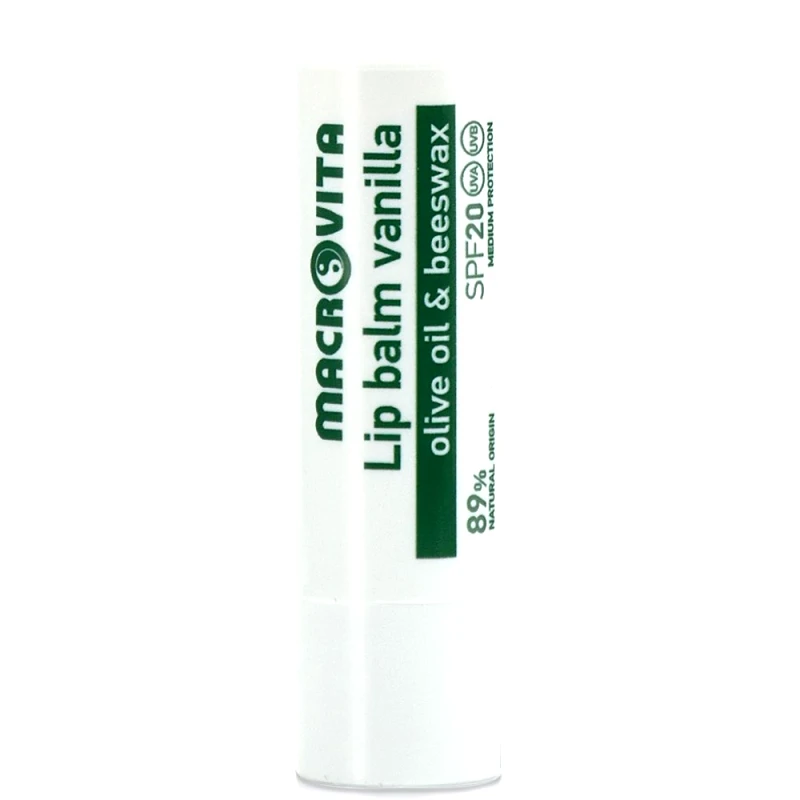 Macrovita Macrovita Lip Balm Spf20 Ενυδατικό Βάλσαμο Χειλιών Μέτριας Αντηλιακής Προστασίας με Λάδι Ελιάς & Κερί Μέλισσας, Γεύση Βανίλια 4.8gr
